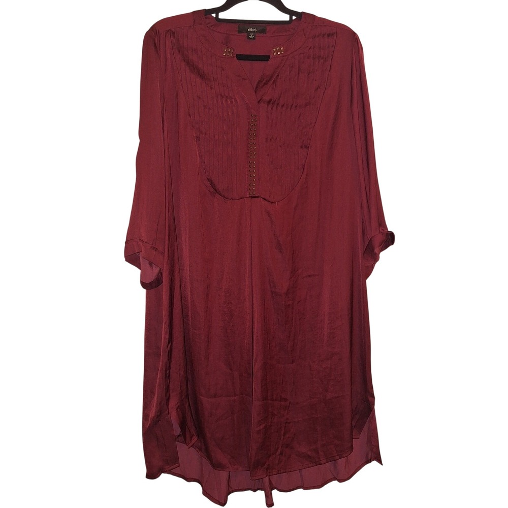 Burgundy ellos Tunic Length Blouse Dress Size Large 18/20 Gold Studding Holiday